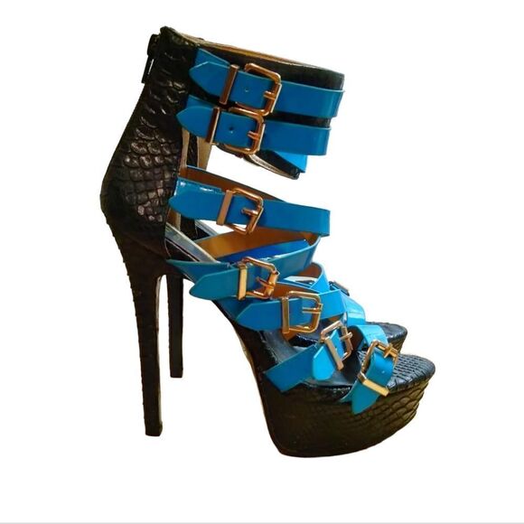 Scene ABREA Stilettos Black with Multiple Blue Straps and Buckles Size 8 - Picture 1 of 13